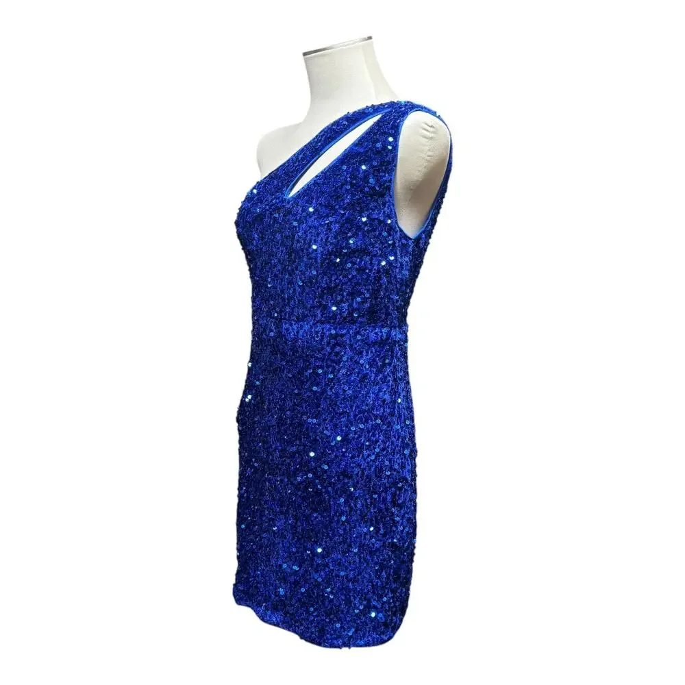 One Shoulder Velvety Sequin Mini Dress Blue Medium
